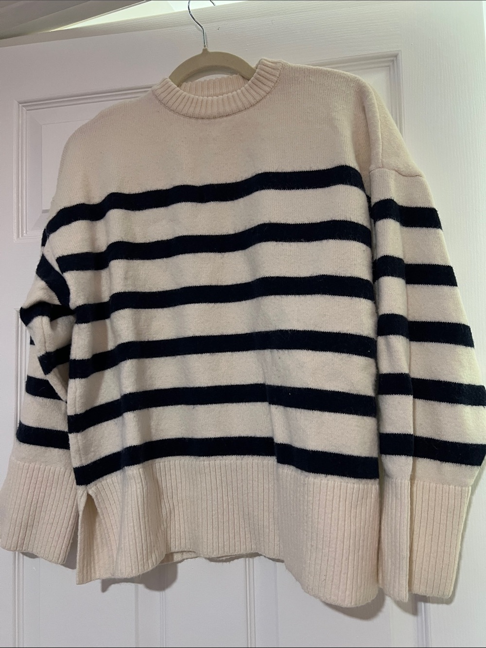 Commense Cream & Black Striped Crew Sweater